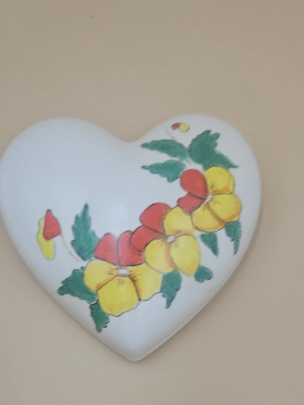 White Heart-Shaped Floral Trinket Box with Yellow & Red Accents